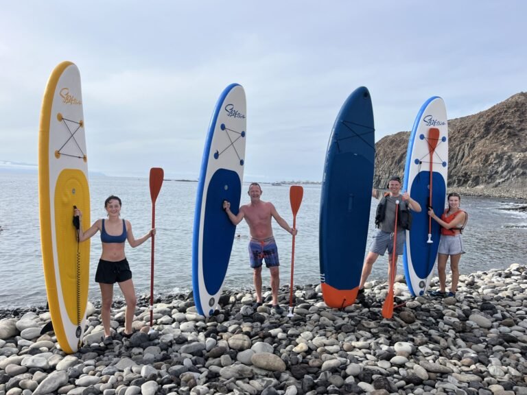 Group with paddle boards on a pebble beach